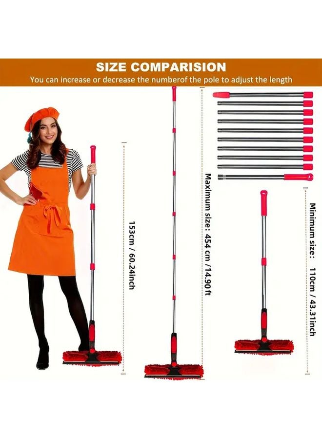 Red 445cm 14 6ft Extendable Squeegee Set 2 In 1 Window Cleaning Tool With Stainless Steel Poles - Image 3